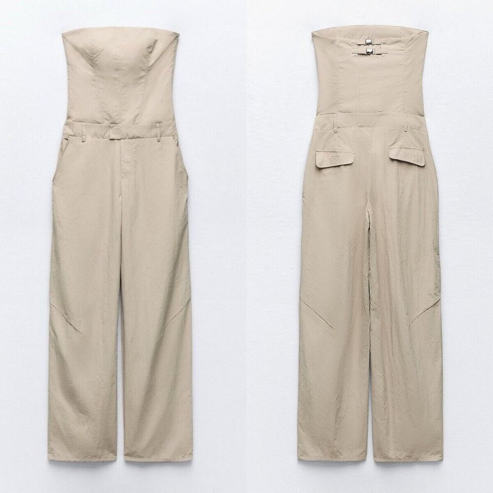 Zara Khaki Cargo Strapless Jumpsuit - Picture 3 of 9